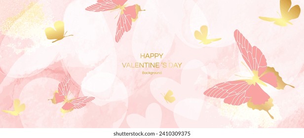 Happy Valentines day pink background vector. Romantic symbol drawing of pink doodle hearts, butterfly, gold texture. Love illustration for greeting card, web banner, fabric, package, cover.