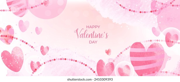 Happy Valentines day pink background vector. Romantic symbol drawing of pink doodle hearts watercolor texture. Love illustration for greeting card, web banner, fabric, package, cover.