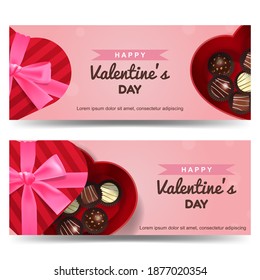 Happy valentine's day pink banner set for website decorated with heart shaped chocolate gift box full with truffles. Realistic vector design.