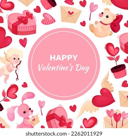 Happy Valentines day pink banner, poster, card. Romantic event template with festive symbols seamless pattern cartoon vector