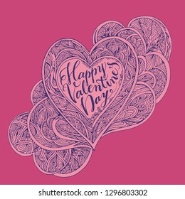Happy Valentine's Day pink card with heart ornament and lettering