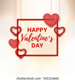 Happy Valentine's Day pink card. Beautiful background with hearts from threads. Vector illustration.