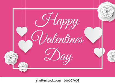 Happy Valentines day pink card design with white hearts and flowers. Vector illustration, eps10.
