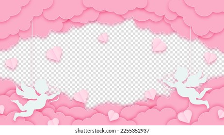 Alles Gute zum Valentinstag! rosafarbene Wolken oder Nuben und Herzen auf transparentem Hintergrund mit Amos oder Cupid. Vektorgrafik.