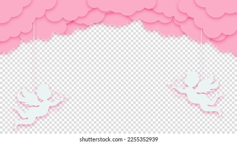 Happy Valentine's Day. Pink clouds or nubes with amour or cupid on a transparent background. Vector illustration.