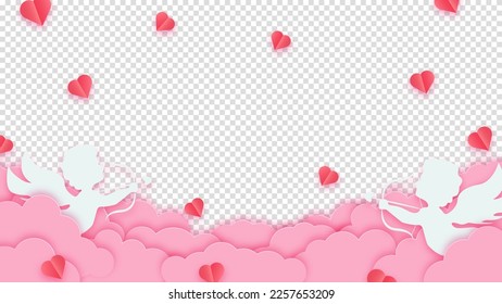 Happy Valentine's Day. Pink clouds or nubes and hearts with amour or cupid on a transparent background. Vector illustration.