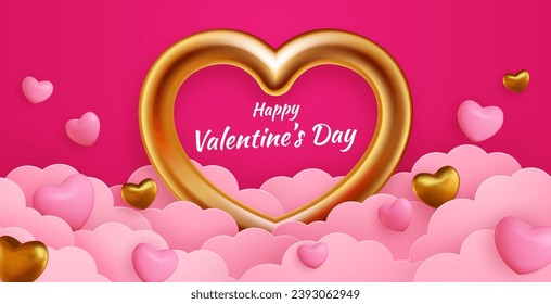 Happy Valentine's Day. Pink clouds with beautiful paper cut pink and gold hearts frame on pink background. Vector illustration in paper cut style. Place for text.