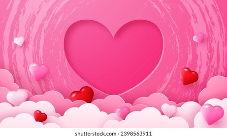 Happy Valentine's Day. Pink clouds with beautiful pink and red hearts frame on pink background. Vector illustration in paper cut style. Place for text.