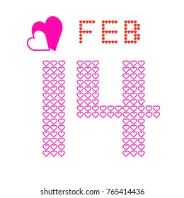 Happy Valentine's day. Pink couple hearts among several small hearts that made up "14" and "FEB" words. Vector illustration, EPS10. Use as clip art, greeting card, icon, etc. Concepts of love, destiny