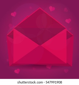 Happy Valentines Day. Pink envelope on pink background. Vector flat illustration