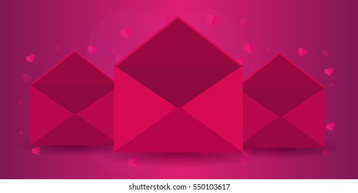 Happy Valentines Day. Pink envelope on pink background. Vector flat illustration