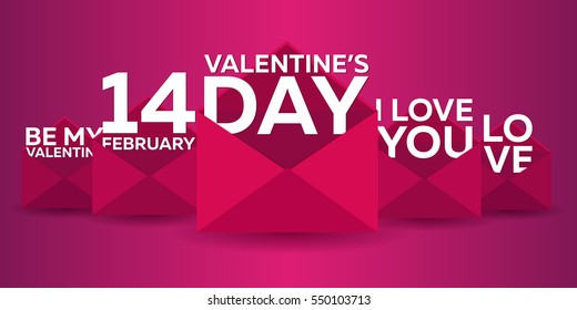 Happy Valentines Day. Pink envelope on pink background. Vector flat illustration