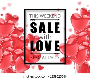 Happy Valentines Day.  Pink flying glossy balloons  on a blue background. Advertising sale. Vector  illustration.