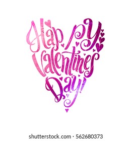 Happy Valentines Day. Pink Foil Heart Shape Lettering. White Background Greeting Card.