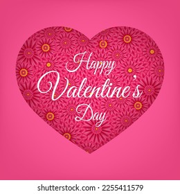 Happy valentine's day. Pink greeting card. Heart decorated with pink flowers in paper cut style	