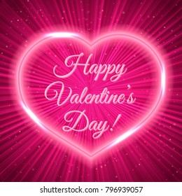 Happy Valentine's day! Pink greeting card with neon heart on shiny rays background. Romantic vector illustration. Easy to edit design template for your artworks.