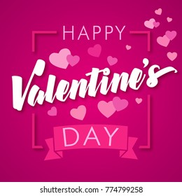 Happy Valentines Day pink heart greeting card.  Elegant lettering background with pink hearts and text Happy Valentine`s Day. February 14, vector illustration