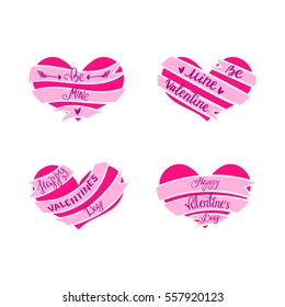 Happy Valentines Day pink hearts, modern handwritten lettering on ribbon banner, vector illustration for cards, leaflets or banners on white background, be mine valentine, EPS 8