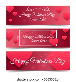 Happy Valentines Day pink horizontal banners with red hearts. Shiny love background, wedding header or card design. Vector, illustration, eps10