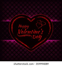Happy Valentines day pink lights card, heart and text lights design on dark background