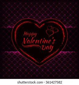 Happy Valentines day pink lights card, heart and text lights design on dark background