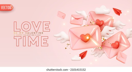 Happy Valentine's day. Pink paper envelope with angel wings and red heart. Realistic 3d design congratulations mail, falling envelope. Holiday background. Letters Be my Valentine. Vector illustration