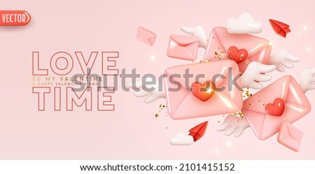 Happy Valentine's day. Pink paper envelope with angel wings and red heart. Realistic 3d design congratulations mail, falling envelope. Holiday background. Letters Be my Valentine. Vector illustration