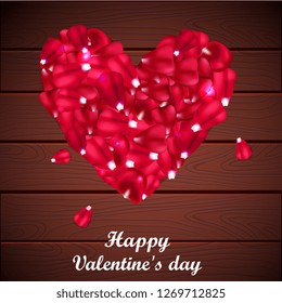 happy Valentine's day, pink petals, on wooden background vector