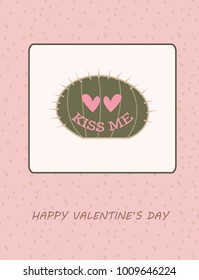 Happy valentine's day pink Post card with cactus and hearts
and #kiss me. Romantic background design for post card, greeting cards, Valentine's Day, card, children design, lovely pastel colors, cacti 