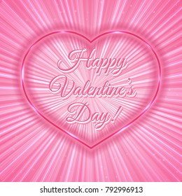 Happy Valentine's day! Pink retro greeting card with neon heart on shiny rays background. Romantic vector illustration. Easy to edit design template for your artworks.