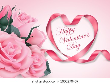 Happy Valentine's day. Pink ribbon heart with delicate pink flowering cherry. Template for birthday cards, mothers day card spring background, banner invitations. Vector.
