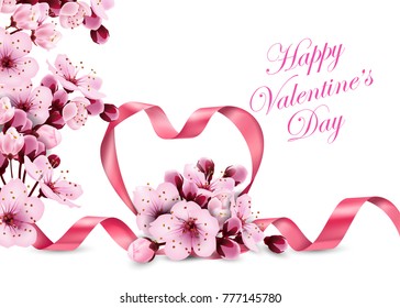 Happy Valentine's day. Pink ribbon heart with delicate pink flowering cherry. Template for birthday cards, mothers day card spring background, banner invitations. Vector.