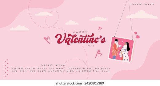 Happy Valentine's day with pink sky Horizontal banner  sale template poster  and couple photo frame design vector illustration.