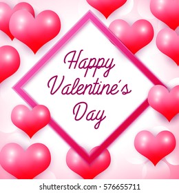 Happy Valentines day with pink square frame. Background with red balloons heart pattern. Wallpaper, flyers, invitation, posters, brochure, banners. Vector illustration.