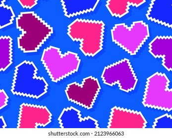 Happy Valentine's Day pixel art hearts seamless pattern. 8-bit hearts with stroke. Retro 8-bit video game. Design for greeting card, holiday background and banner. Vector illustration