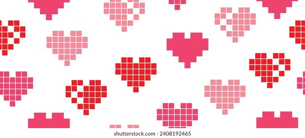Happy Valentines day pixel art background vector. Romantic symbol wallpaper of pink and red pixel hearts in seamless pattern. Love illustration for greeting card, web banner, fabric, package, cover.