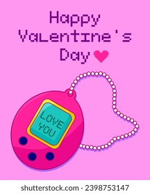 Happy Valentine's Day pixel. An electronic game from the 2000s, with an inscription in the confession of love. Valentine's day banner, card, elements for design. Vector illustration