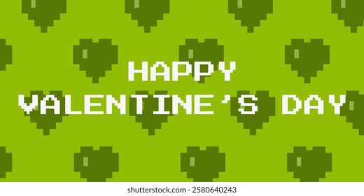 Happy Valentine's Day pixelated horizontal background. Retro game concept with hearts pattern and text.