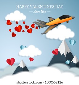 Happy Valentines day, plane flying and scatter heart in the sky, valentine's day concept, vector art and illustration, Plane sending love message - Vector