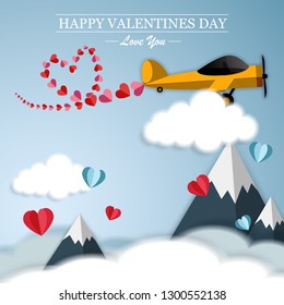 Happy Valentines day, plane flying and scatter heart in the sky, valentine's day concept, vector art and illustration, Plane sending love message - Vector