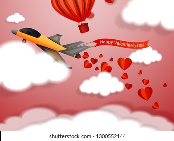 Happy Valentines day, plane flying and scatter heart in the sky, valentine's day concept, vector art and illustration, Plane sending love message - Vector