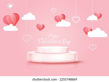 happy valentines day with podium for ads Contains vector decorative elements in the shape of paper hearts and white clouds. 