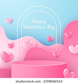 Happy Valentine's Day Podium. Beautiful pink hearts frame on blue background. Vector illustration in paper cut style. Place for text.