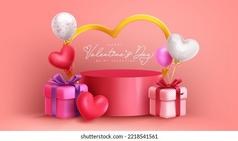 Happy valentine's day podium vector design. Valentine's podium stage with gifts box and heart balloons for product display and presentation. Vector illustration.
