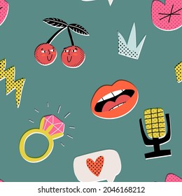 Happy Valentine's Day pop art style seamless pattern. Cherries in love, crown, like, lips singing love song, wedding ring, heart, thunderstorm with texture. Vector cartoon style illustration.