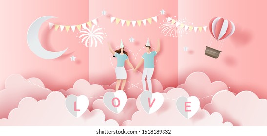 Happy Valentines Day, Pop Up Card, Cute Couple In Love Hands Raised And Have Fun In Party, Paper Art And Craft Style.