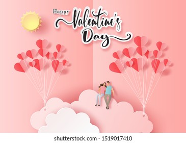 Happy Valentines Day, pop up card, cute couple sitting on cloud with many hearts balloons, paper art and craft style.