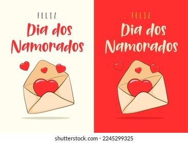 Happy Valentine's Day in Portuguese (Feliz Dia dos Namorados). Three card templates. Cartoon. Vector illustration