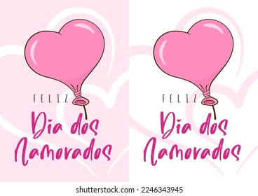 Happy Valentine's Day in Portuguese (Feliz Dia dos Namorados). Three card templates. Cartoon. Vector illustration