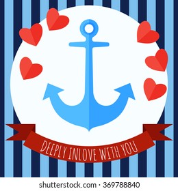 Happy Valentines Day post card. Anchor with hearts. Happy Valentines sea-theme card. 